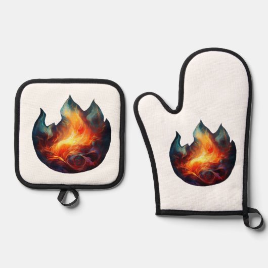 Oven Mitt & Pot Holder - Flames artwork Ovenwant & Pannenlap Set (Voorkant)