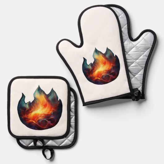 Oven Mitt & Pot Holder - Flames artwork Ovenwant & Pannenlap Set (Voorkant / Achterkant)