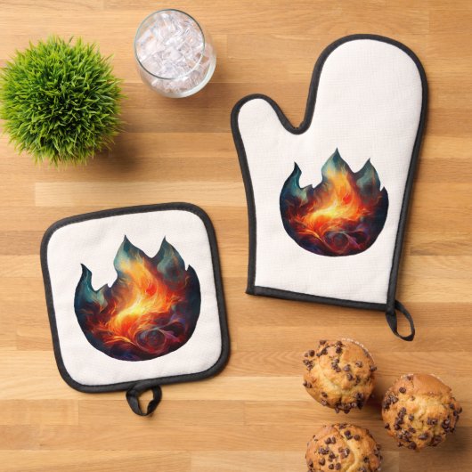 Oven Mitt & Pot Holder - Flames artwork Ovenwant & Pannenlap Set (Top down)
