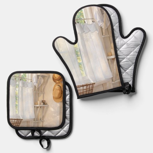 Oven Mitt & Pot Holder Set Curtain in the Wind (Voorkant / Achterkant)