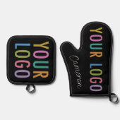 Oven Mitt Pot Holder Set Custom Gedrukt Logo Zwart (Voorkant)