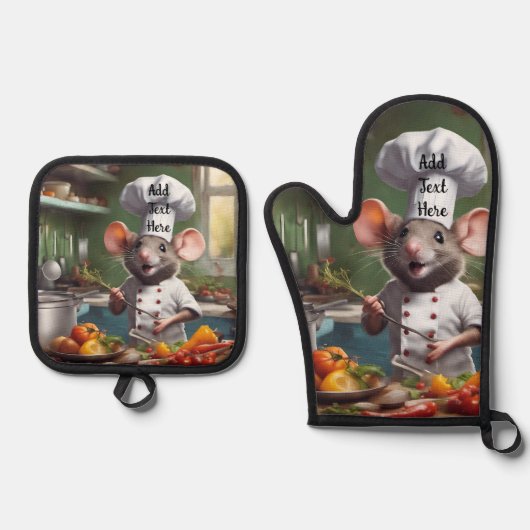 Oven Mitt Pot Holder Set Personalize Chef Mouse (Voorkant)