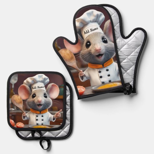 Oven Mitt Pot Holder Set Personalize Chef Mouse (Voorkant / Achterkant)
