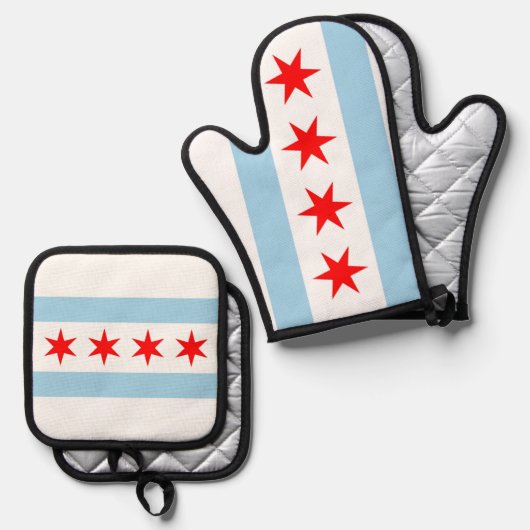 Oven Mitt, Pot Holders met vlag van Chicago, Veren Ovenwant & Pannenlap Set (Voorkant / Achterkant)