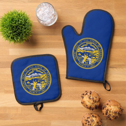 Oven Mitt, Pot Holders met vlag van Nebraska, VS Ovenwant & Pannenlap Set (Top down)