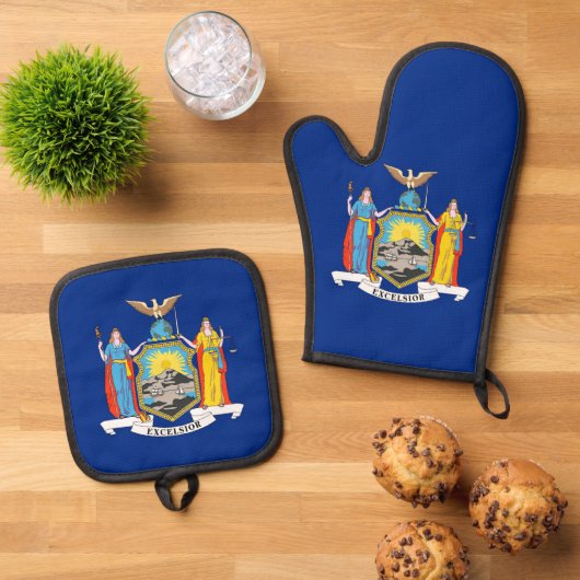 Oven Mitt, Pot Holders met vlag van New York, VS Ovenwant & Pannenlap Set (Top down)