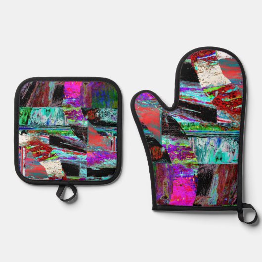Oven Mitt & Pot Holders – Neon Pulse Ovenwant & Pannenlap Set (Voorkant)
