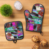 Oven Mitt & Pot Holders – Neon Pulse Ovenwant & Pannenlap Set (Top down)