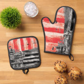 Oven Mitt & Pot Holders Red Pulse Abstract Design Ovenwant & Pannenlap Set (Top down)