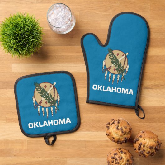 Oven Mitt, Pot Holders with flag of Oklahoma, US Ovenwant & Pannenlap Set (Top down)