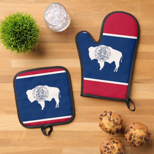 Oven Mitt, Pot Holders, Wyoming flag Ovenwant & Pannenlap Set (Top down)