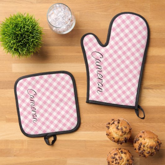 Oven Mitt Pot Houder Set Pink Gingham gepersonalis (Top down)
