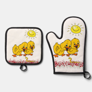 Oven Mitt & Pot Houders Gele Kuikens Zonnebloem Ovenwant & Pannenlap Set