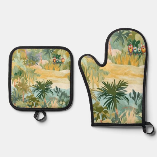 Oven Mitt & Pothouder Set Tropisch Ontwerp (Voorkant)