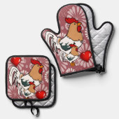 Oven Mitt & Pothouders Kip Ovenwant & Pannenlap Set (Voorkant / Achterkant)