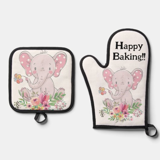 Oven Mitt & Pothouders Roze Olifant Ovenwant & Pannenlap Set (Voorkant)