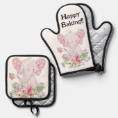 Oven Mitt & Pothouders Roze Olifant Ovenwant & Pannenlap Set (Voorkant / Achterkant)