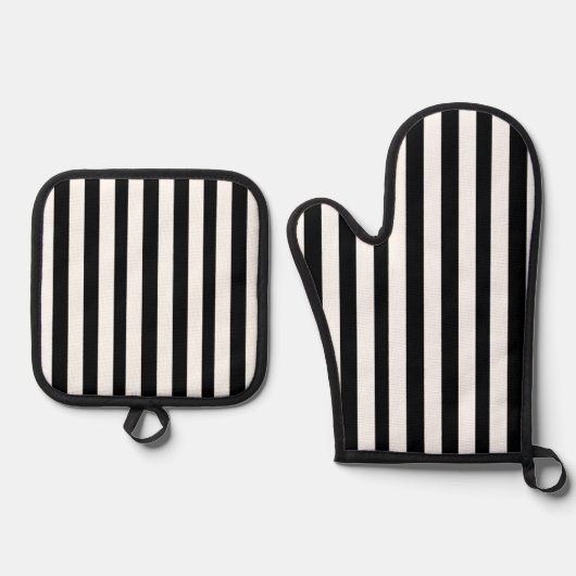 Oven Mitt & Pothouders Zwart & Wit Streep Ovenwant & Pannenlap Set (Voorkant)