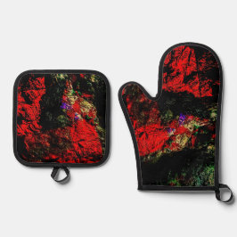 Oven Mitt rood abstract en Pot Holders textuur Ovenwant & Pannenlap Set