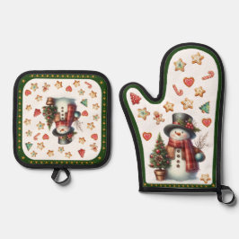 Oven Mitt Snowman and Christmas Cookies Green Ovenwant & Pannenlap Set