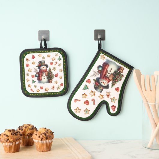 Oven Mitt Snowman and Christmas Cookies Green Ovenwant & Pannenlap Set (Insitu(Ophanging))