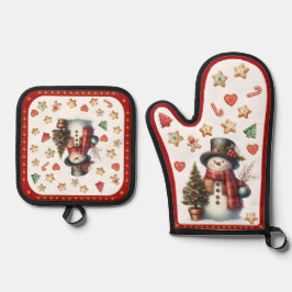 Oven Mitt Snowman and Christmas Cookies Red Ovenwant & Pannenlap Set