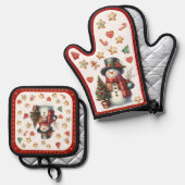 Oven Mitt Snowman and Christmas Cookies Red Ovenwant & Pannenlap Set (Voorkant / Achterkant)