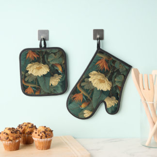 Ovenwant en pannenlap met vintage botanische bloem ovenwant & pannenlap set