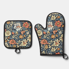 Ovenwant met botanisch patroon in vintage-blauw & pannenlap set