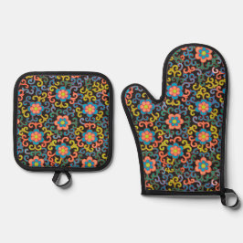 Ovenwant met botanisch patroon in vintage-blauw & pannenlap set