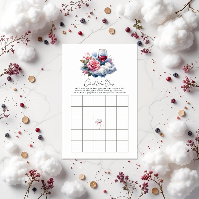 Over Cloud Wine Vrijgezellenfeest Bingo Spel (On Cloud Wine Elegant Wine-Themed Bridal Shower Bingo Card)