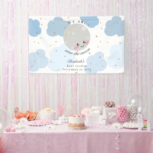 Over de blauwe achtergrond van het Baby shower van Spandoek (Feest)