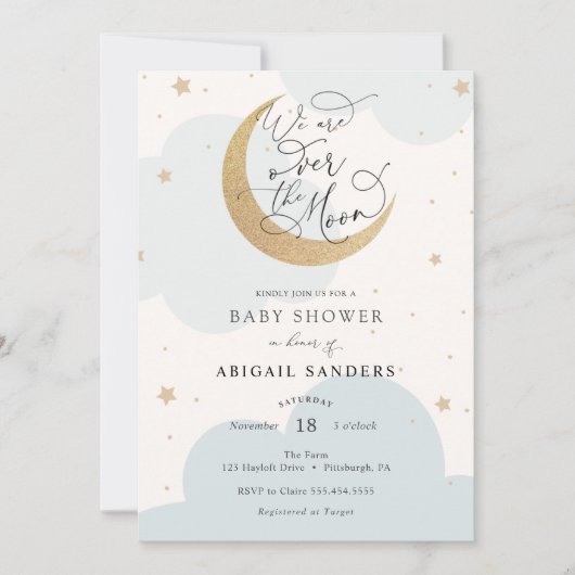 Over de Gold Moon Blue Baby shower-uitnodiging Kaart (Voorkant)