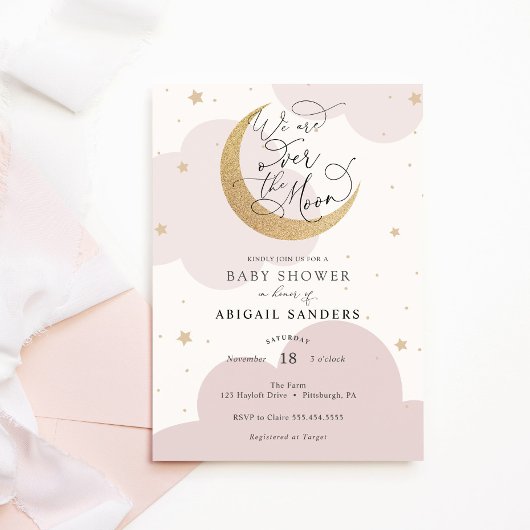 Over de Gouden Maan Roze Baby Shower Kaart