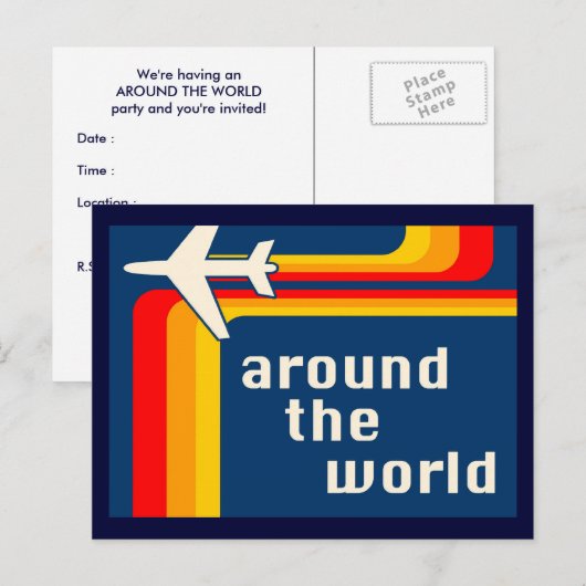 over de hele wereld : retrorstripes uitnodiging briefkaart (Voorkant / Achterkant)