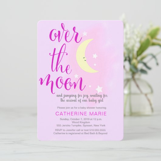Over de Maan Baby Girl Shower Uitnodiging (Staand voorkant)