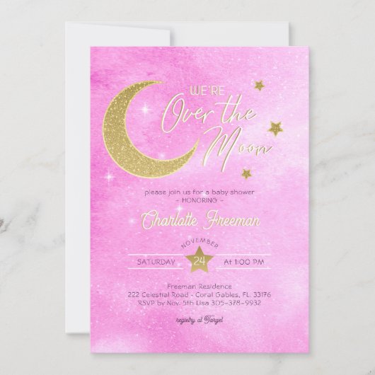 Over de Maan Baby Girl Shower Uitnodiging (Voorkant)