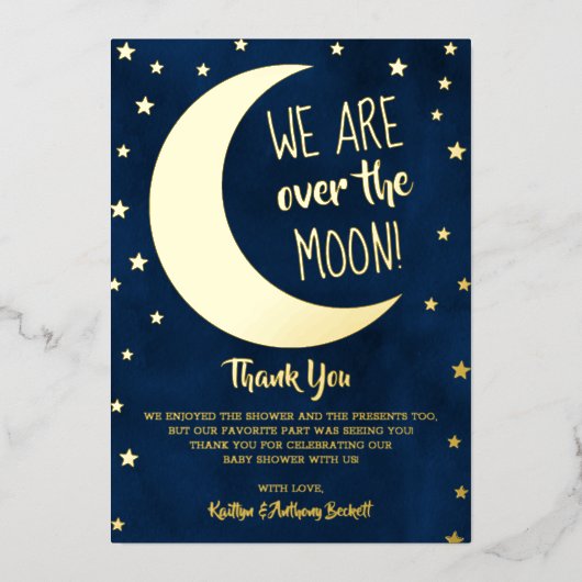 Over de maan | Baby shower Dank u wel Folie Uitnodiging (Voorkant)