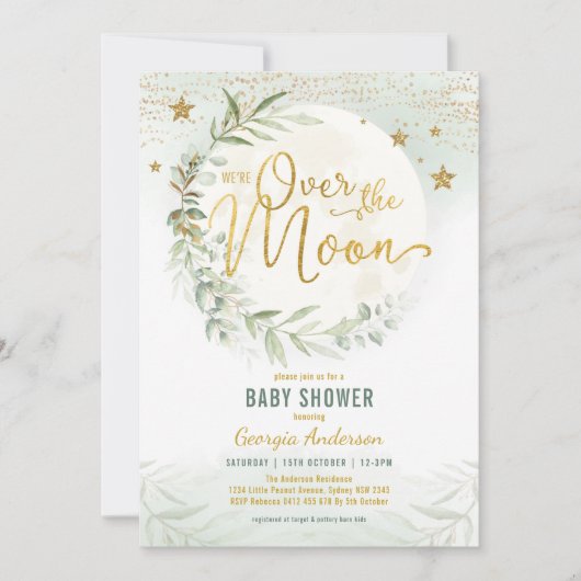 Over de maan | Baby shower droomgroen goud Kaart (Voorkant)