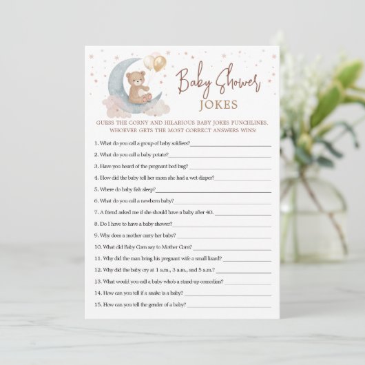 Over de Maan Baby shower Jokes Game Kaart (Staand voorkant)