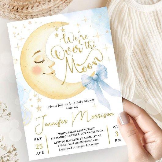 Over de Maan Baby Shower Jongen Blauwe Strik Maan Kaart