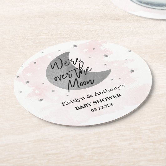 Over de maan | Baby shower meisjes Ronde Kartonnen Onderzetter (Gebogen)