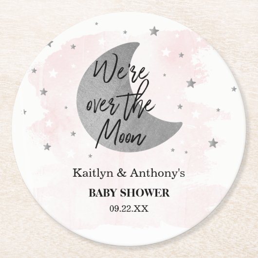 Over de maan | Baby shower meisjes Ronde Kartonnen Onderzetter (Voorkant)