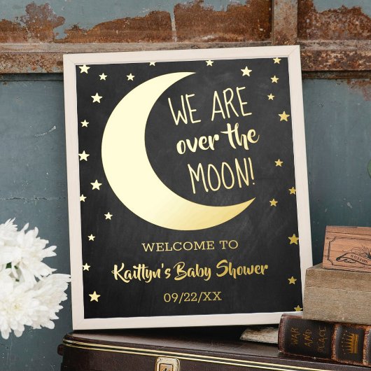Over de maan | Baby shower Real Folie Welcome Sign Afdrukken