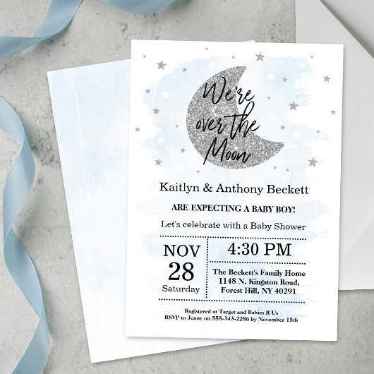 Over de maan | Baby shower voor jongens Kaart