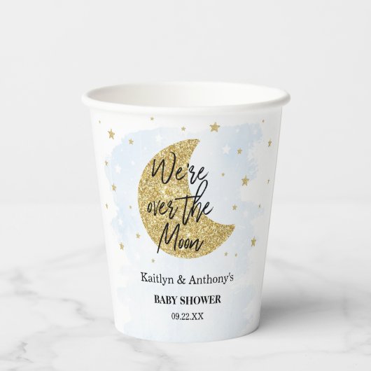 Over de maan | Baby shower voor jongens Papieren Bekers (Achterkant)