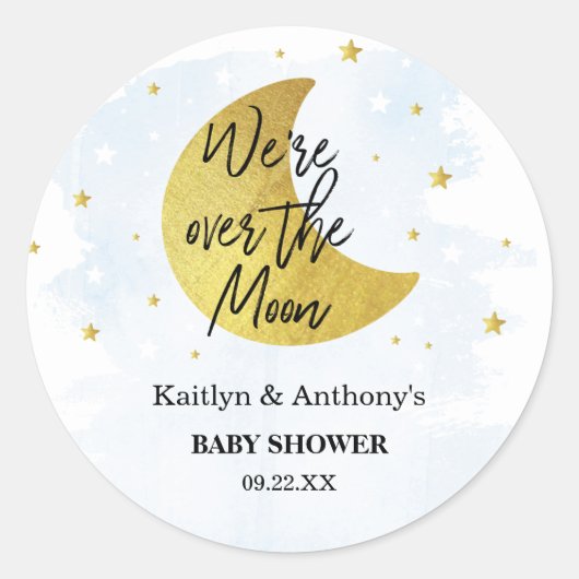 Over de maan | Baby shower voor jongens Ronde Sticker (Voorkant)