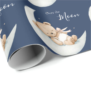 Over de Maan Beer Blauwe Baby Shower Cadeaupapier