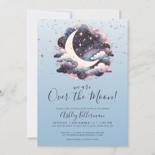 Over de Maan Blauw Baby shower Kaart (Voorkant)