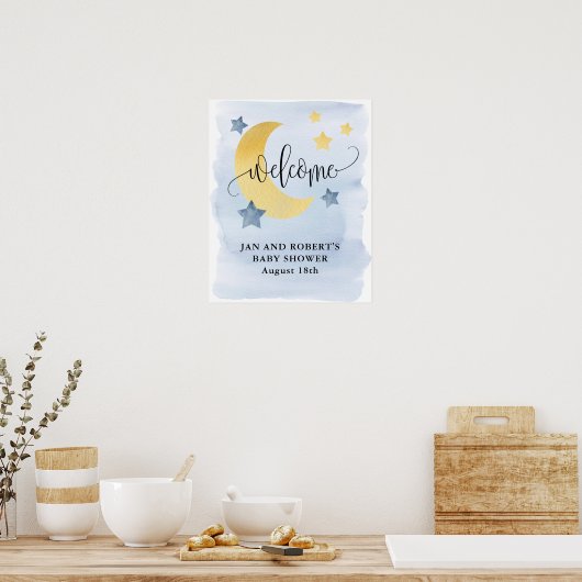 Over de maan, Blauw Baby shower Welkom Poster (Keuken)